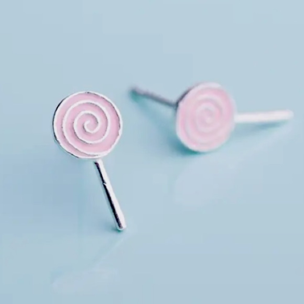 Sterling Silver 925 Lollipop Stud Earring Sweet Cute Pink Candy Earring